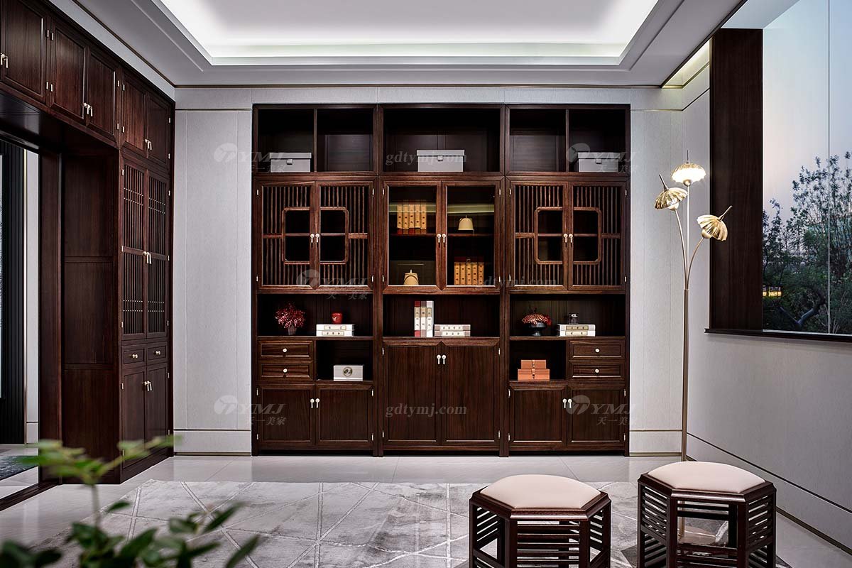 高档会所别墅星欧注册品牌轻奢新中式风格书房星欧注册实木书柜
