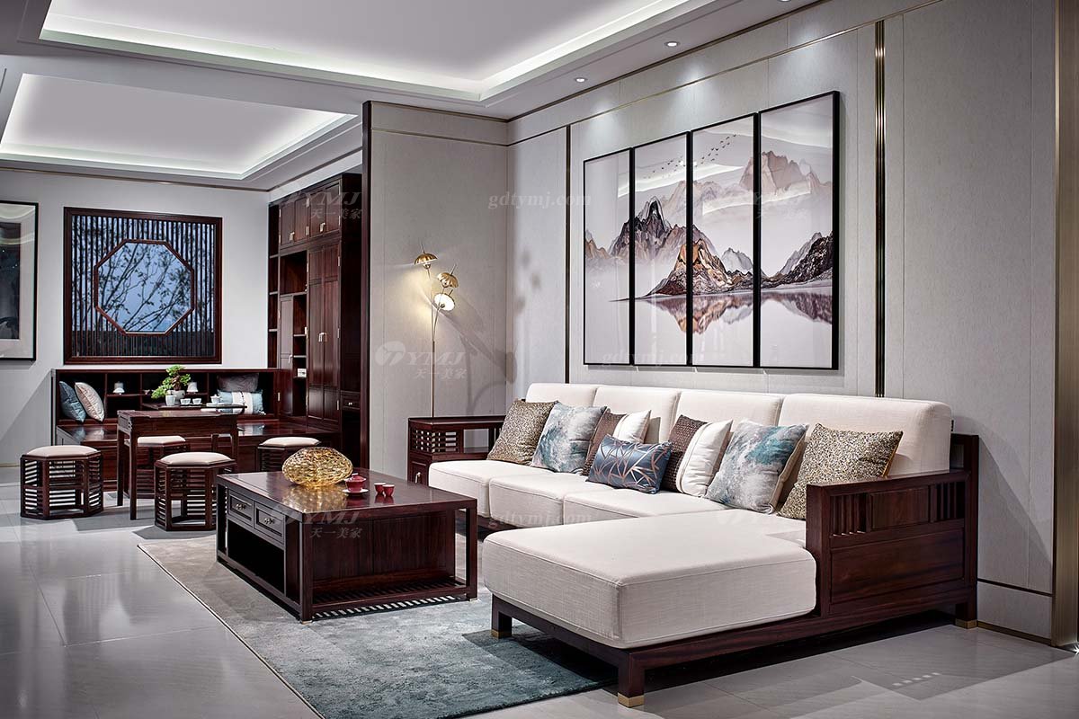 高档别墅豪宅会所星欧注册品牌轻奢新中式客厅星欧注册实木转角沙发