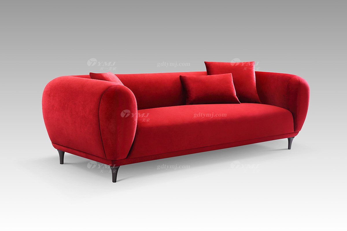 现代轻奢别墅会所品牌蓝冠注册红色绒布艺三位沙发三位沙发LS2808-36侧面