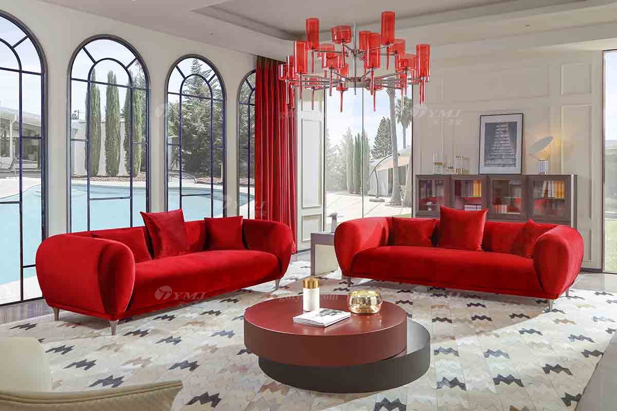 现代轻奢别墅会所品牌意昂红色绒布艺三位沙发