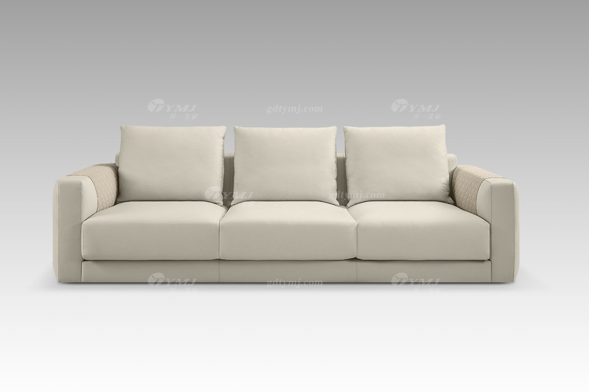 现代轻奢高端别墅豪华品牌意昂米色真皮三位沙发