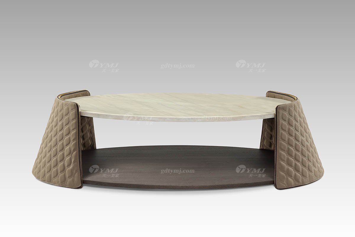 现代轻奢高端豪华意昂高级石+咖色超纤椭圆几