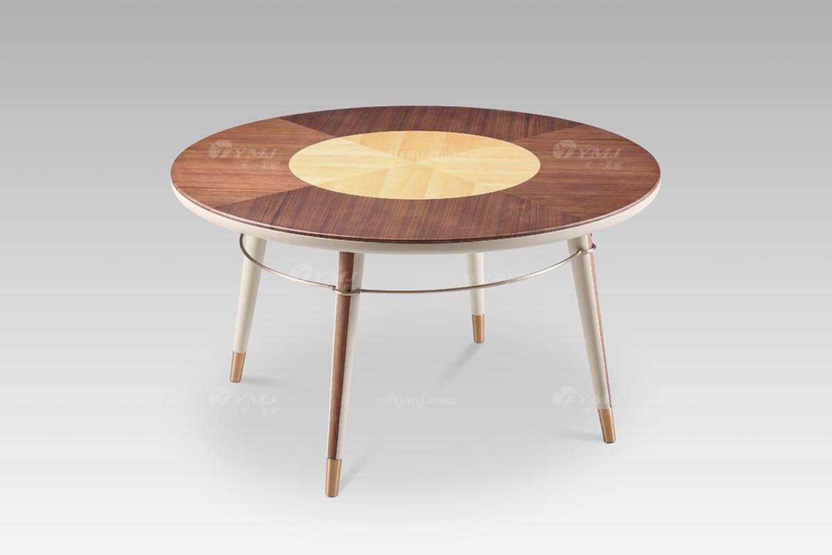 现代轻奢别墅会所星欧注册时尚胡桃色+尼斯色真皮圆餐桌餐桌DT2802-16侧