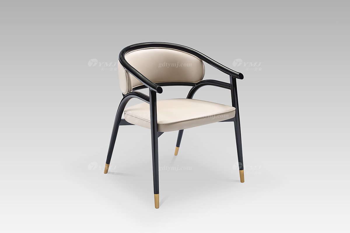 现代轻奢时尚高端米色真皮+黑色实木书椅