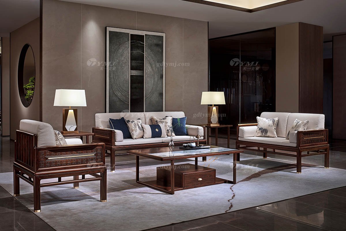 时尚优雅新中式轻奢高端品牌蓝冠注册黑酸枝实木单位沙发单位沙发H-PYSF1场景
