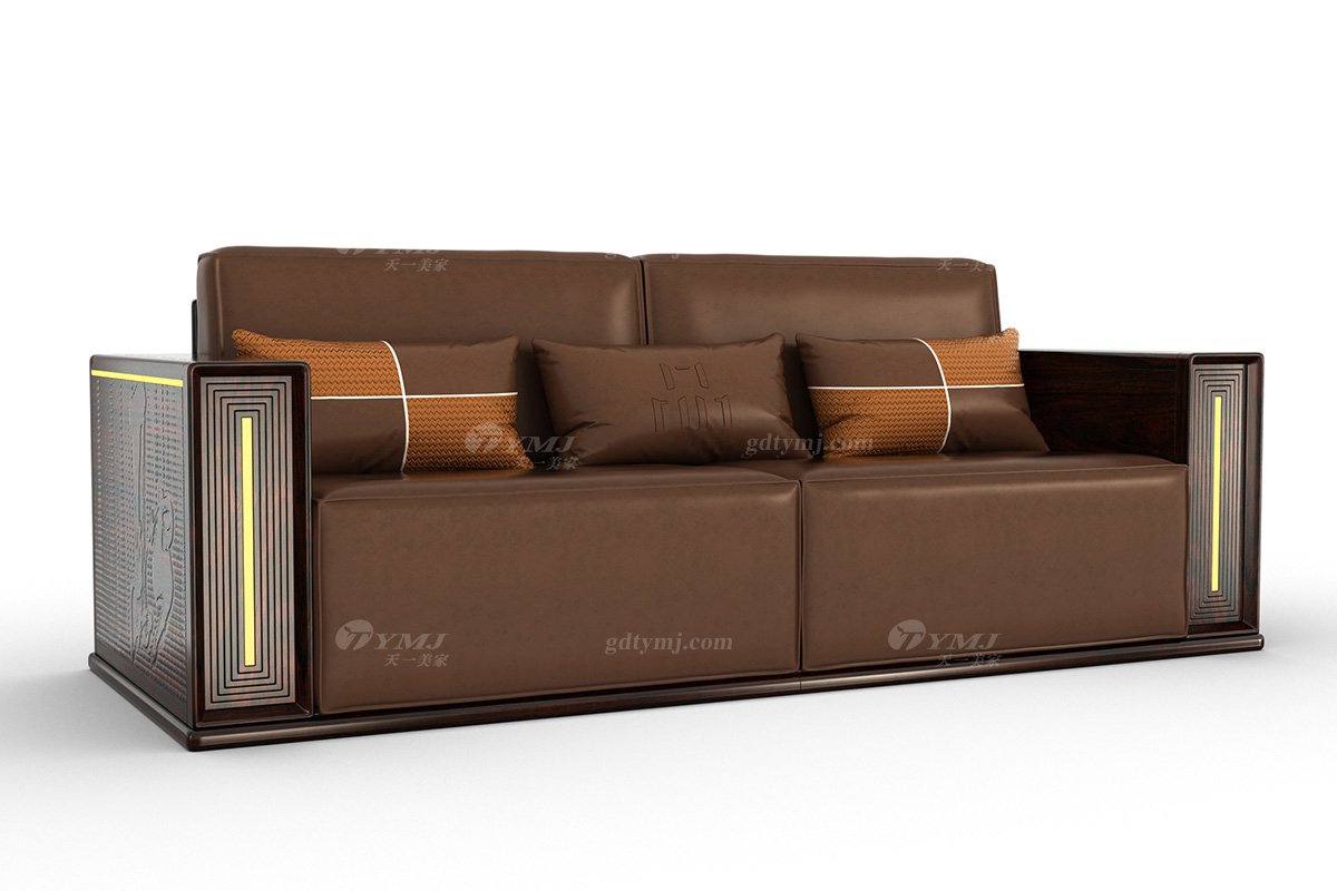 高档别墅星欧注册品牌新中式轻奢黑酸枝木意大利真皮三人位沙发