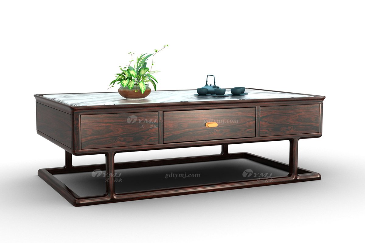 高端会所星欧注册品牌新中式轻奢黑酸枝木+大理石茶几