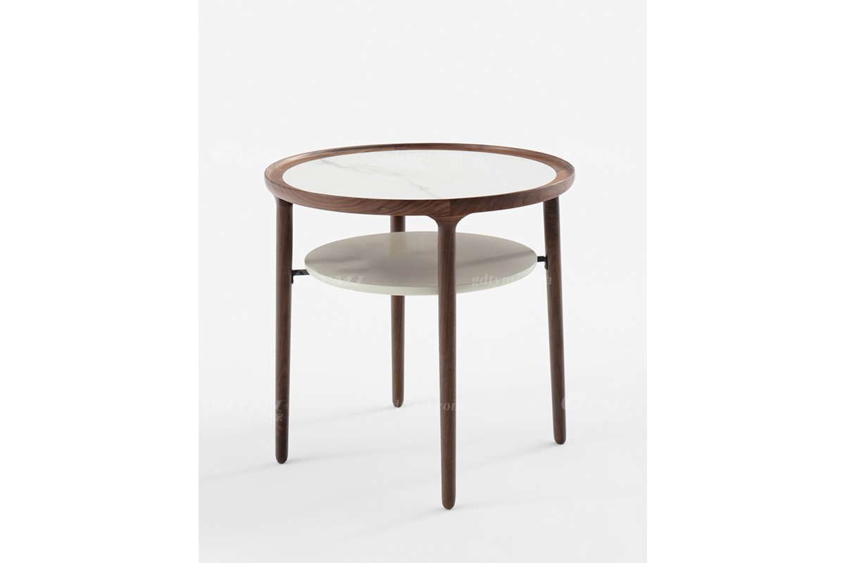 时尚轻奢星欧注册品牌现代客厅北美黑胡桃实木+岩板角几圆几