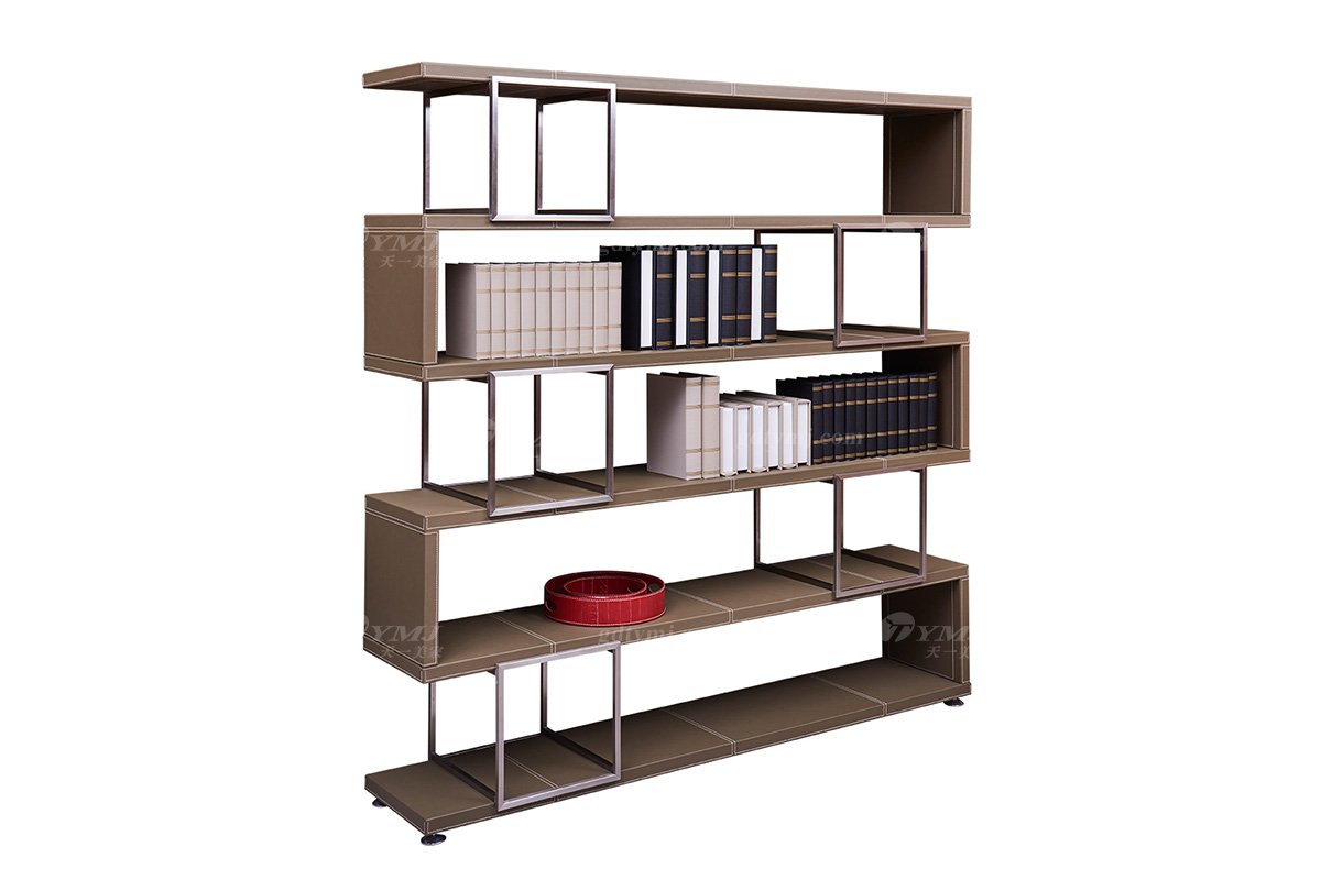 现代轻奢星欧注册品牌别墅星欧注册书房马鞍皮艺+金属书柜展示柜S-08展示柜