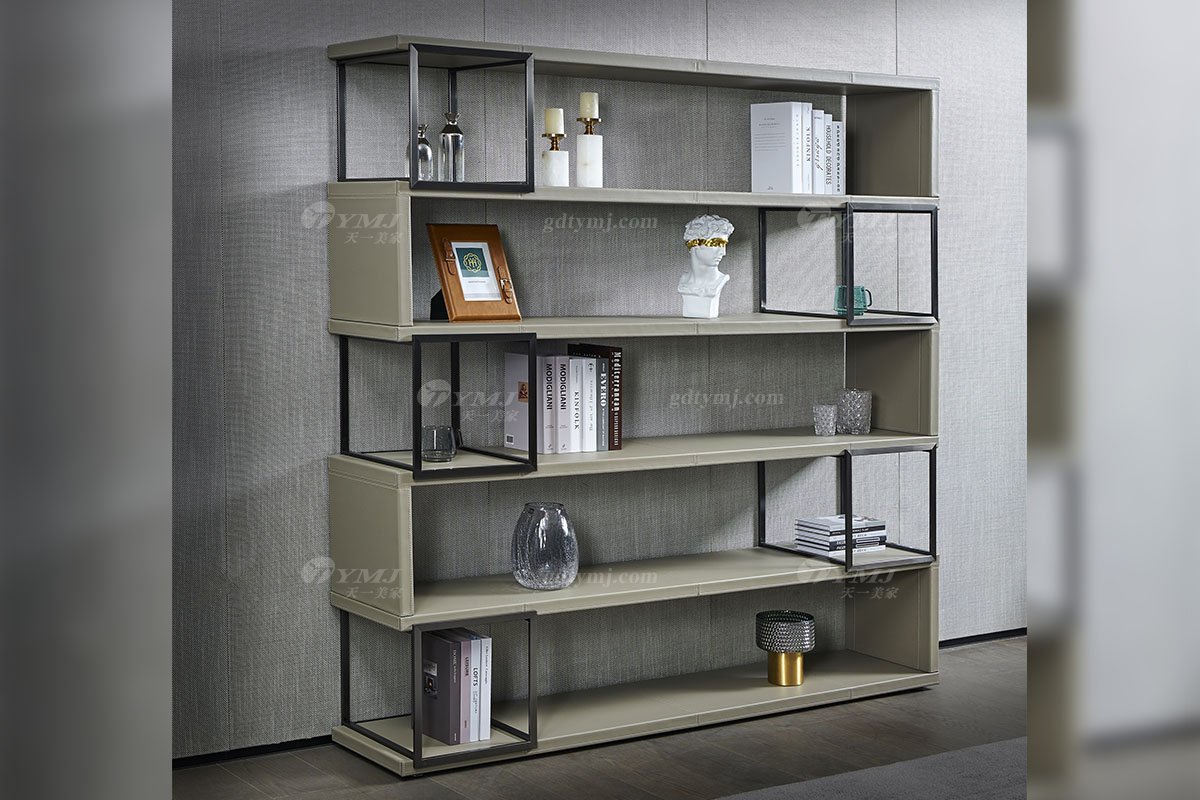 现代轻奢星欧注册品牌别墅星欧注册书房马鞍皮艺+金属书柜展示柜S-08展示柜场景
