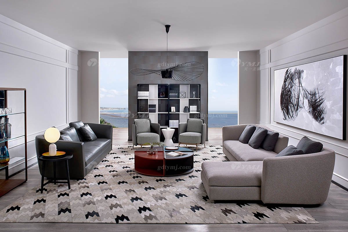 意式极简风格高端别墅蓝冠注册品牌现代轻奢时尚客厅真皮三位沙发LS1802-36三位沙发