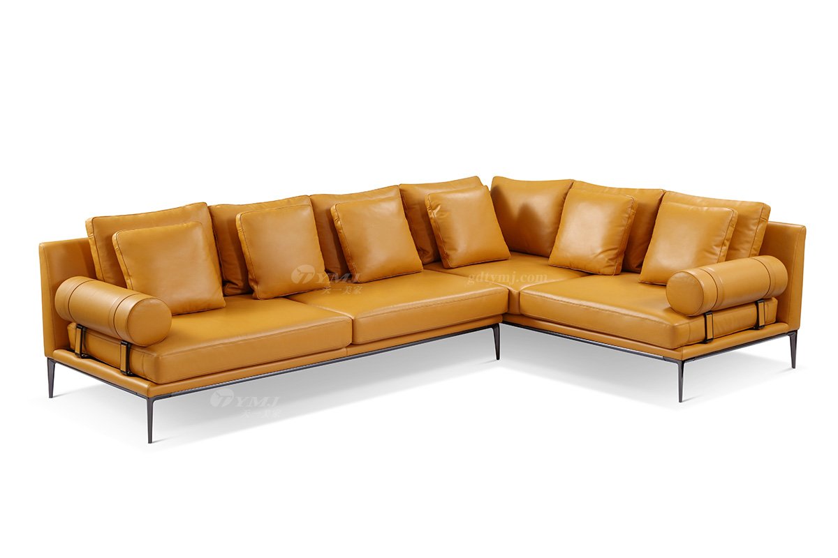 意式极简风格高端别墅蓝冠注册品牌现代轻奢简约时尚客厅橙色真皮转角沙发LS1805-32组合沙发