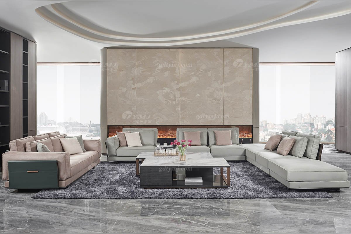 高端会所别墅大宅星欧注册品牌后现代轻奢风格客厅大气舒适米色转角组合沙发TX004组合沙发场景