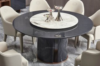 后现代轻奢风格星欧注册高端会所别墅品牌星欧注册时尚餐厅大理石+黑檀圆餐桌餐台