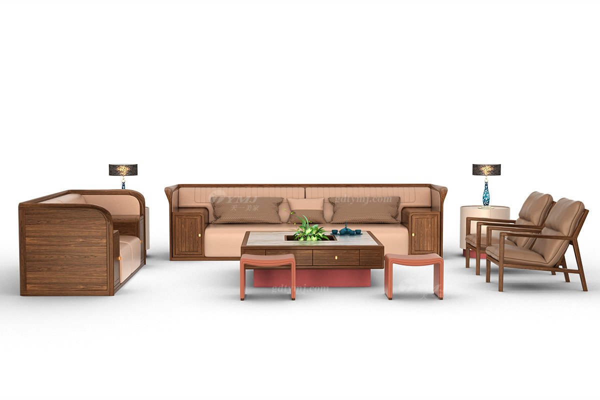 新中式高端会所蓝冠注册品牌简约风格客厅大气实木+皮艺二位沙发H-XSSF-2二位沙发场景