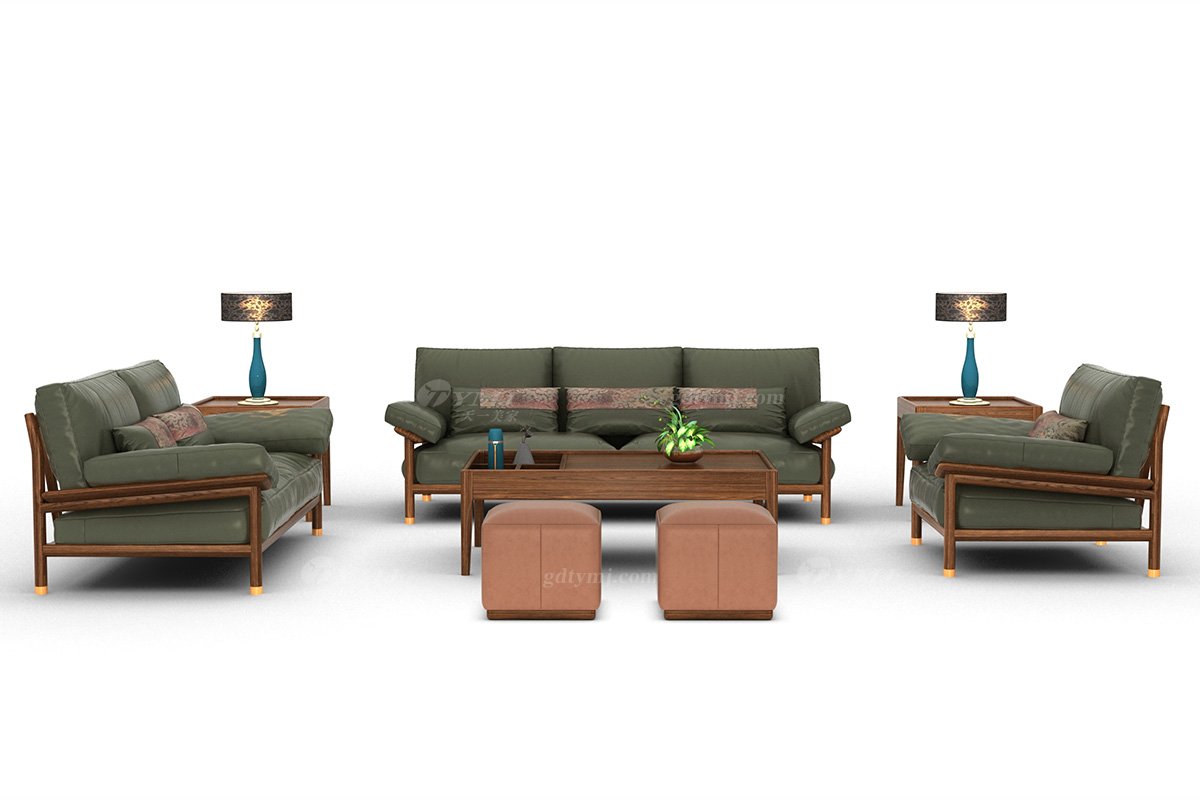 新中式高端别墅蓝冠注册品牌简约风格客厅时尚墨绿色生态皮艺三位沙发H-XJSF-3三位沙发场景