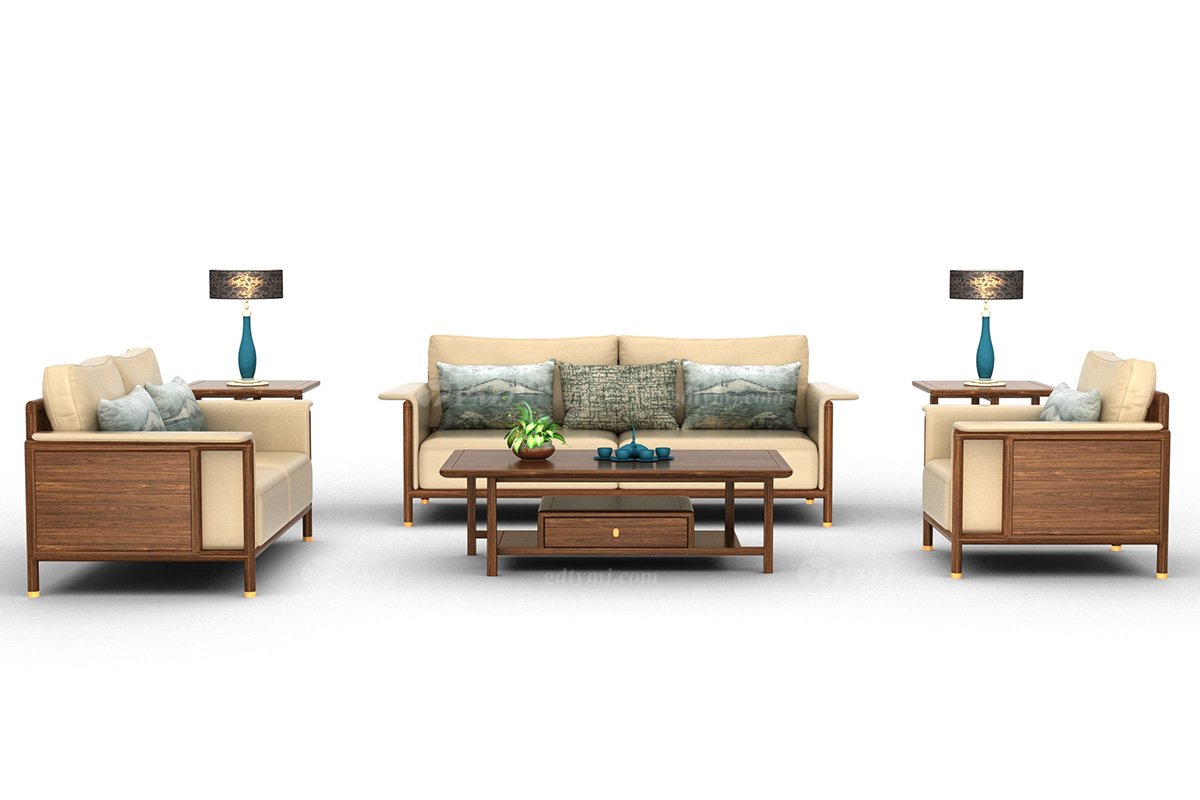 新中式蓝冠注册风格高端别墅蓝冠注册品牌简约风格客厅极简实木+生态皮艺单位沙发H-XYLSF-1单位沙发场景