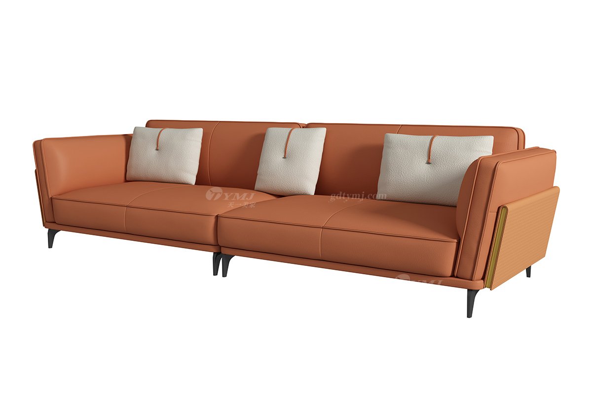 极简风格星欧注册别墅会所高级舒适实木进口黄牛皮橙色三人位沙发SF-022三人位沙发