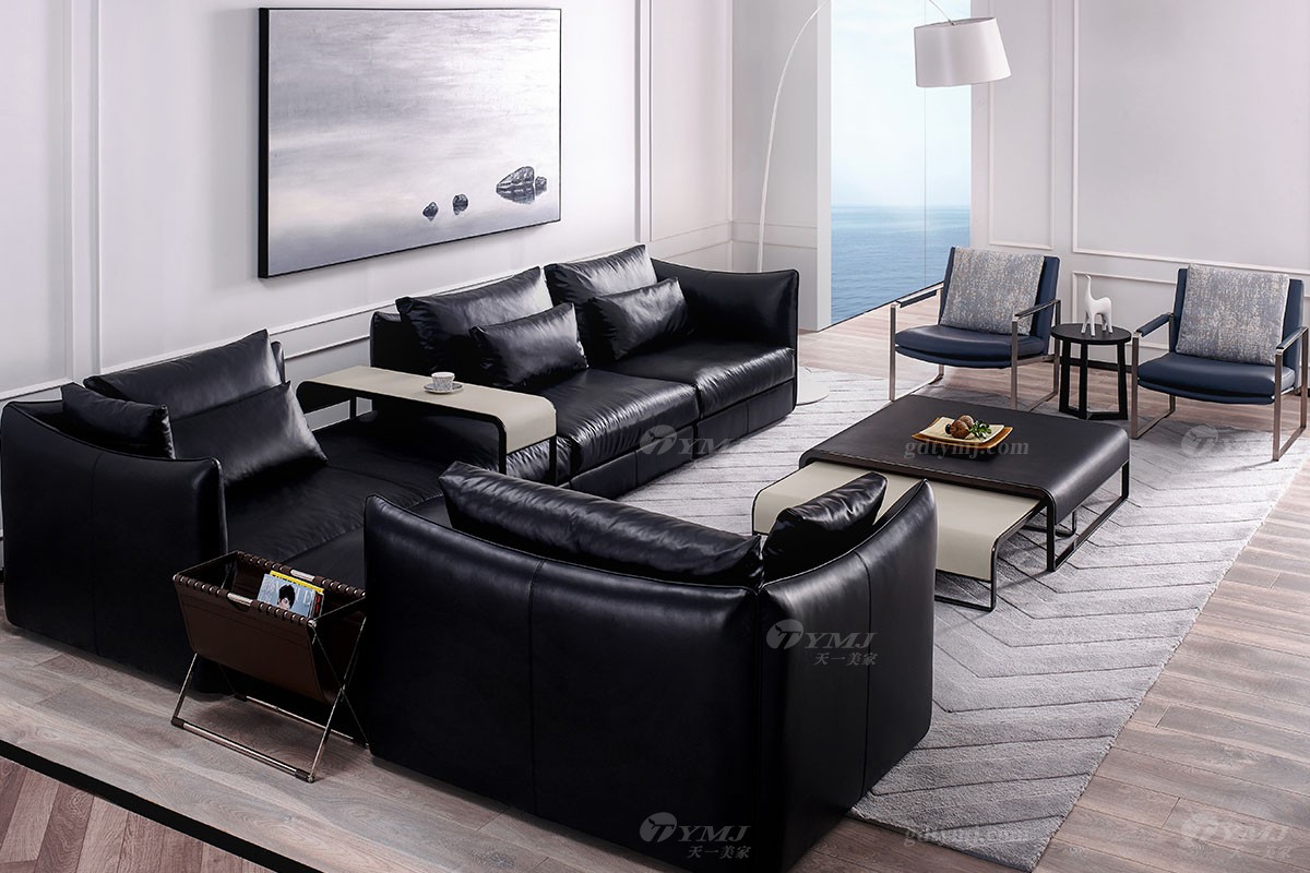现代意式极简黑色真皮沙发